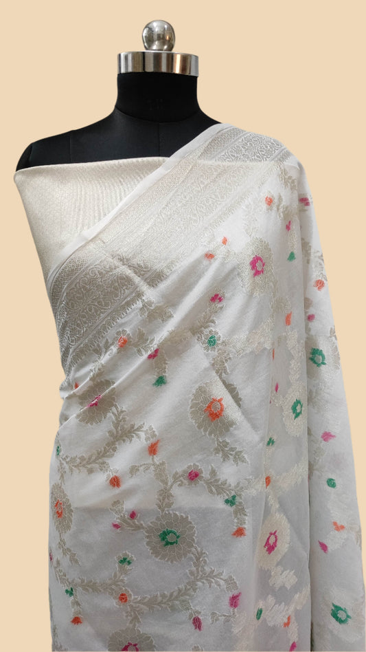 Georgette Banarasi Saree All Over Jaal With Meenakari Pure White