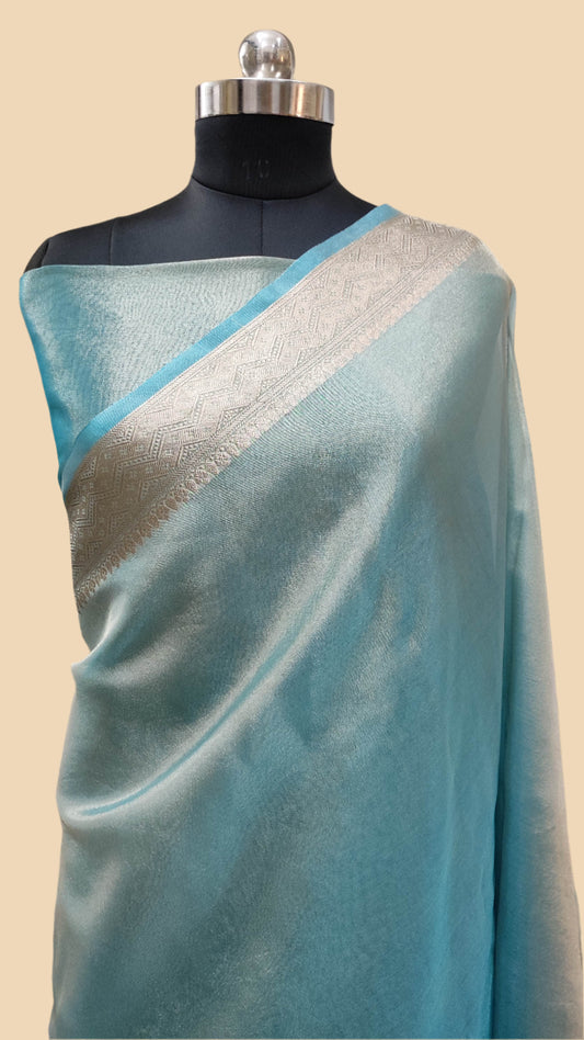 Firozi Jacquard Glass Tissue Saree - The Weaver Banaras