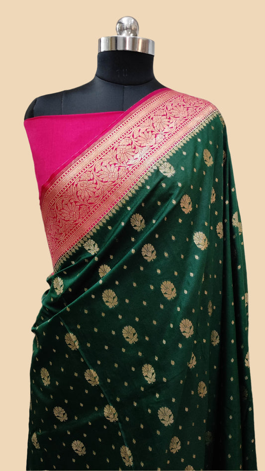 Katan Silk Handloom Banarasi Saree Bottle Green & Pink