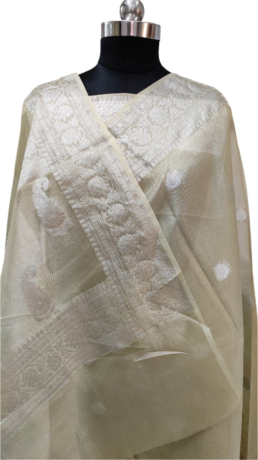 Jacquard Border Glass Tissue Saree With Buti In All Over Body