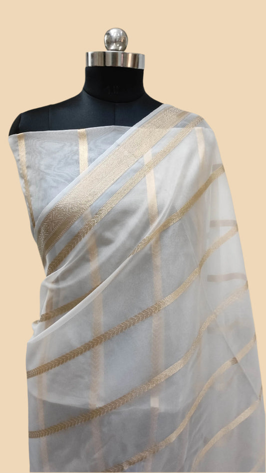 The Weaver's Organza Stripe Banarasi Saree White