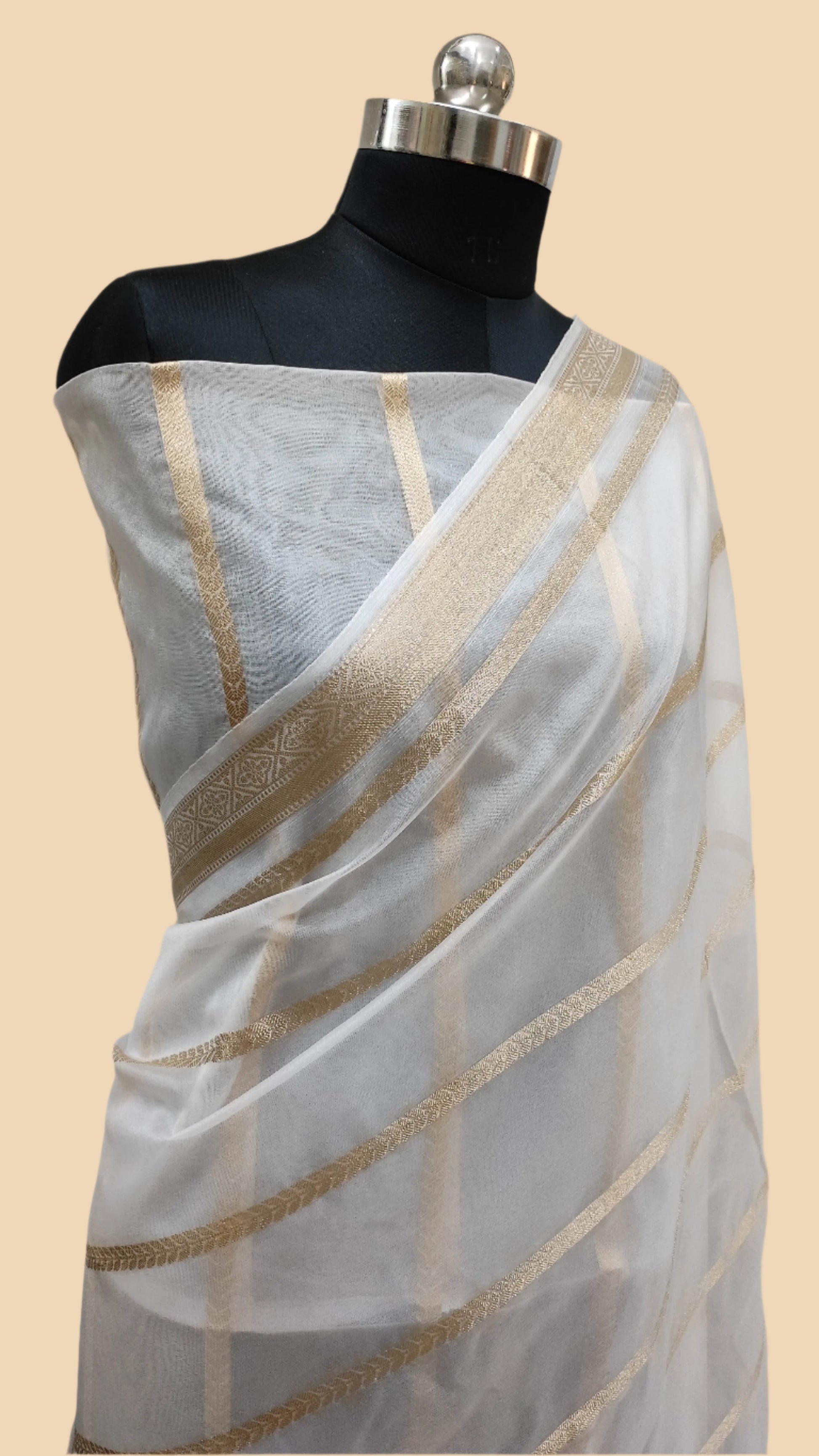 The Weaver's Organza Stripe Banarasi Saree White