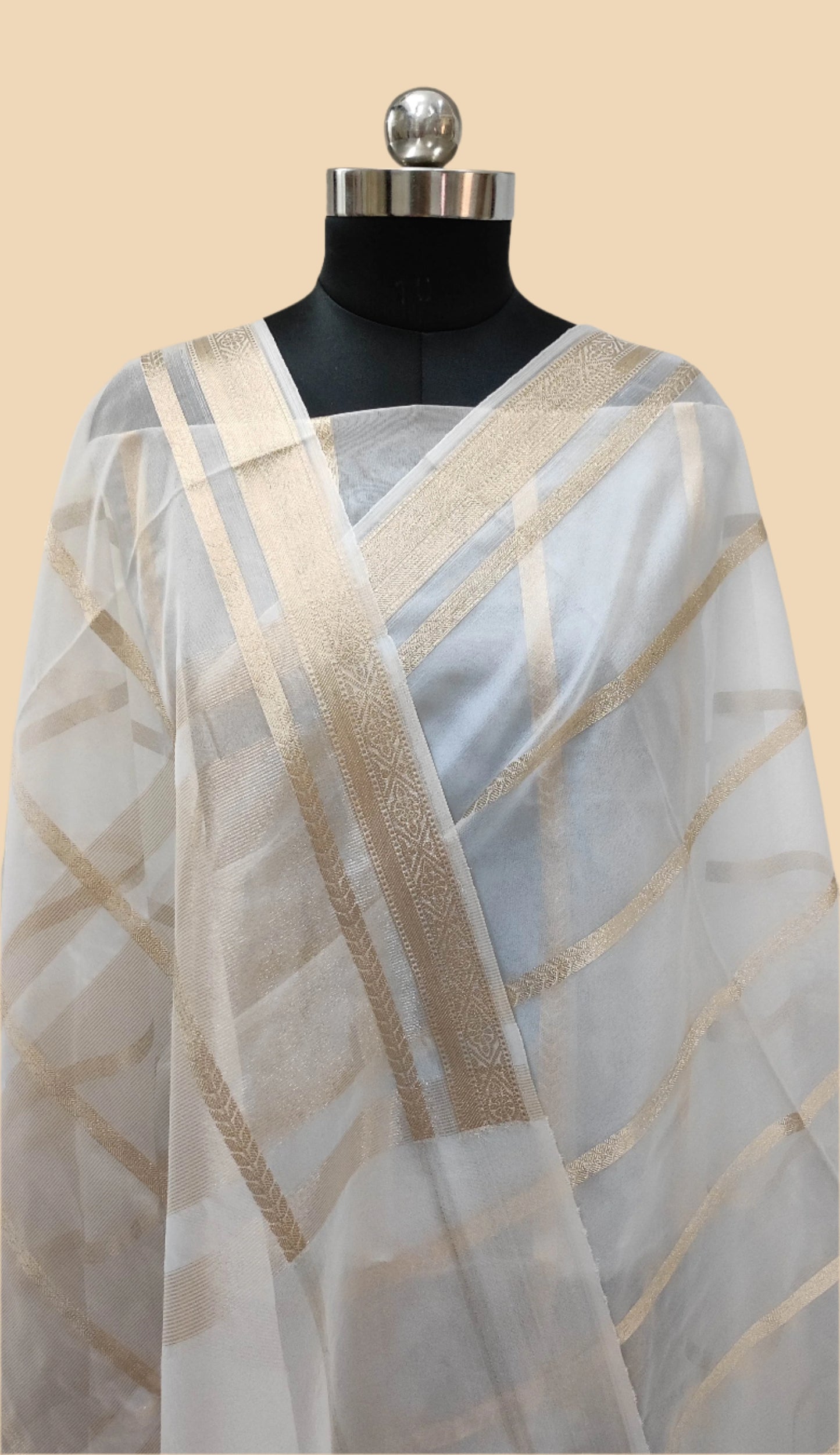 The Weaver's Organza Stripe Banarasi Saree White