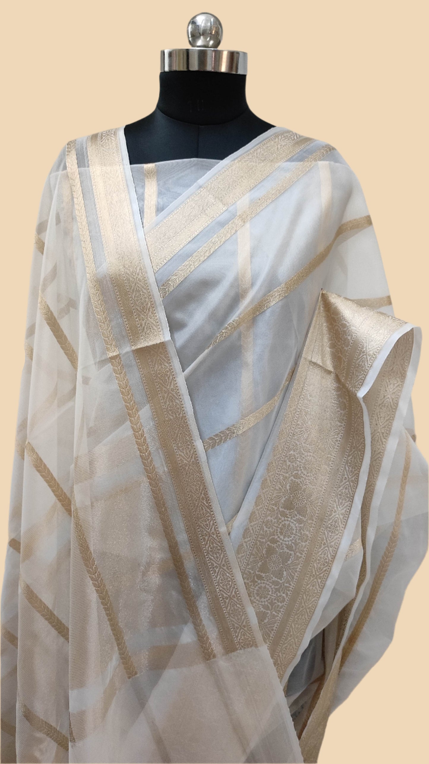 The Weaver's Organza Stripe Banarasi Saree White