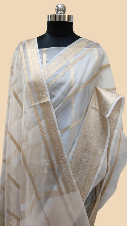 The Weaver's Organza Stripe Banarasi Saree White