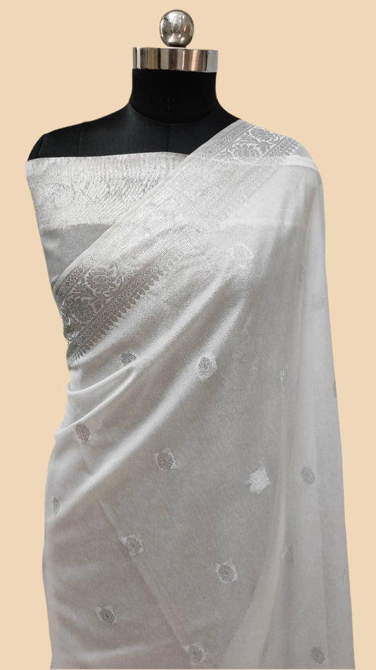 Georgette Khaddi Banarasi Saree- White