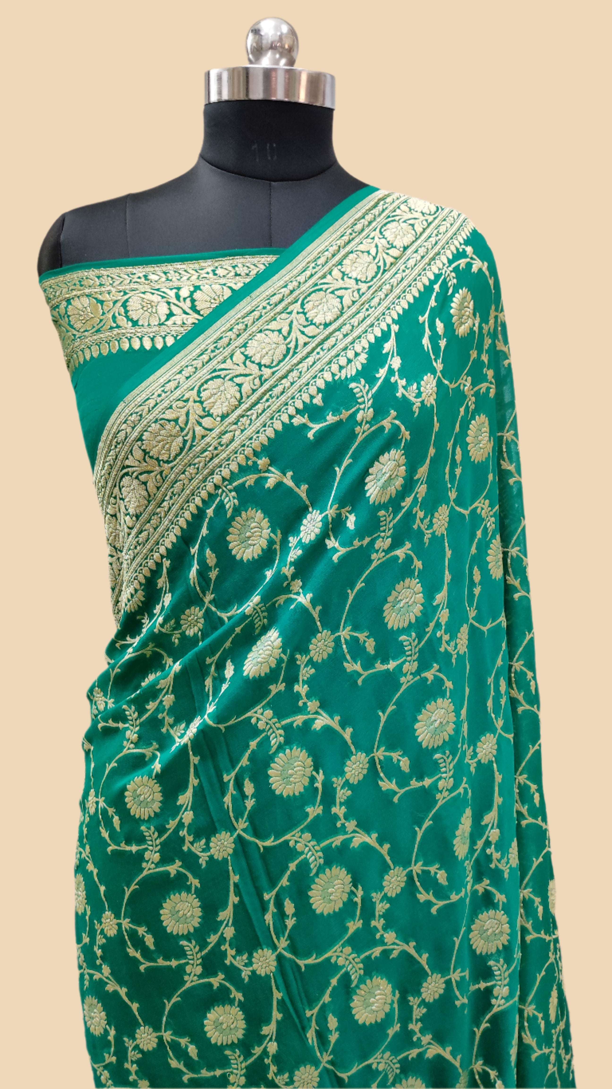 Pure Georgette Handloom Banarasi Saree - Gold zari