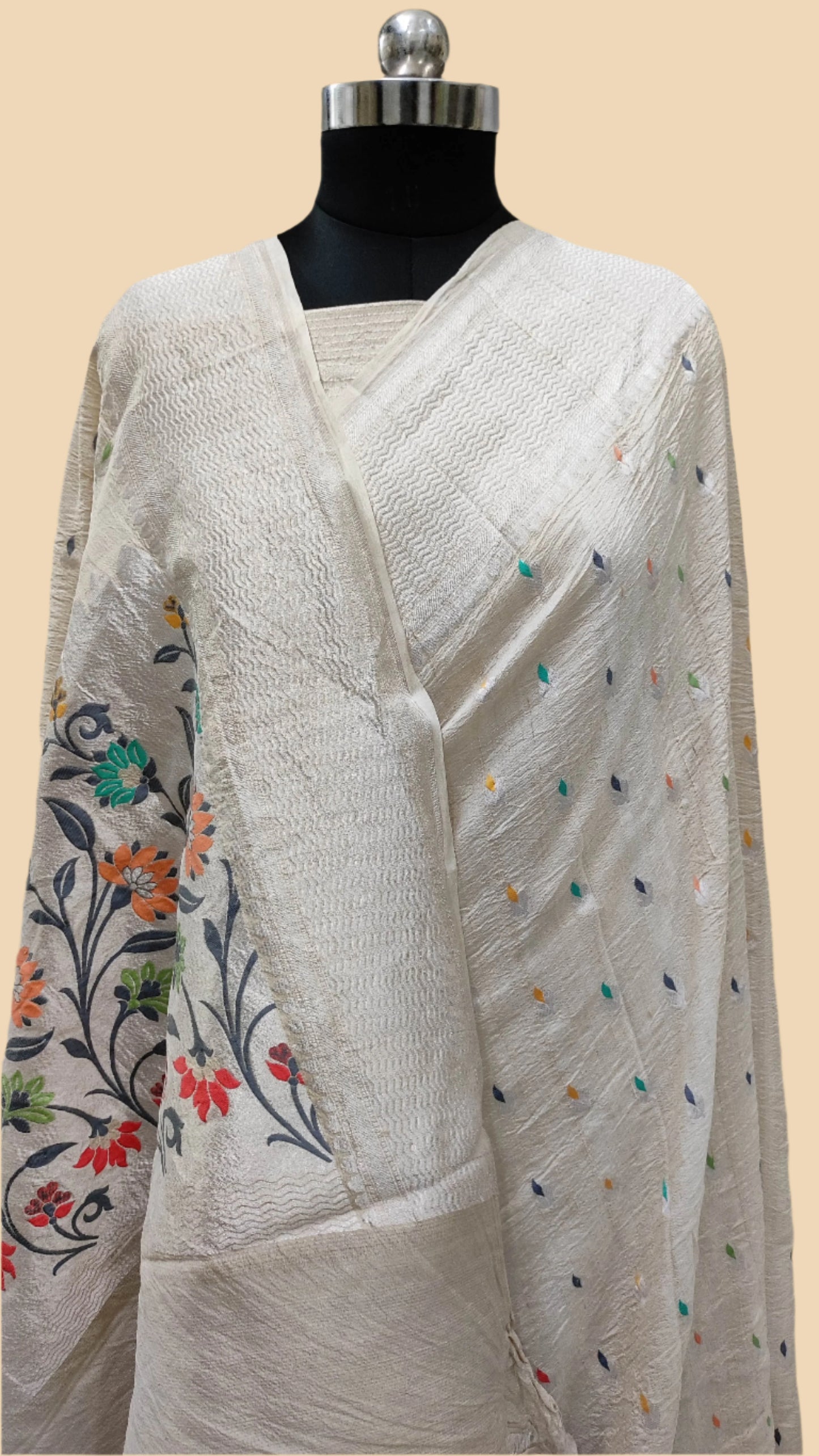 White Pure Tussar Georgette Handloom Banarasi Saree with Paithani Skirt Border