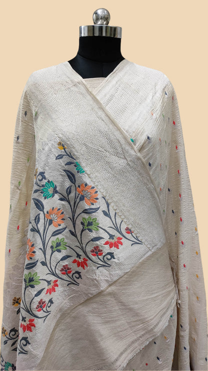 White Pure Tussar Georgette Handloom Banarasi Saree with Paithani Skirt Border