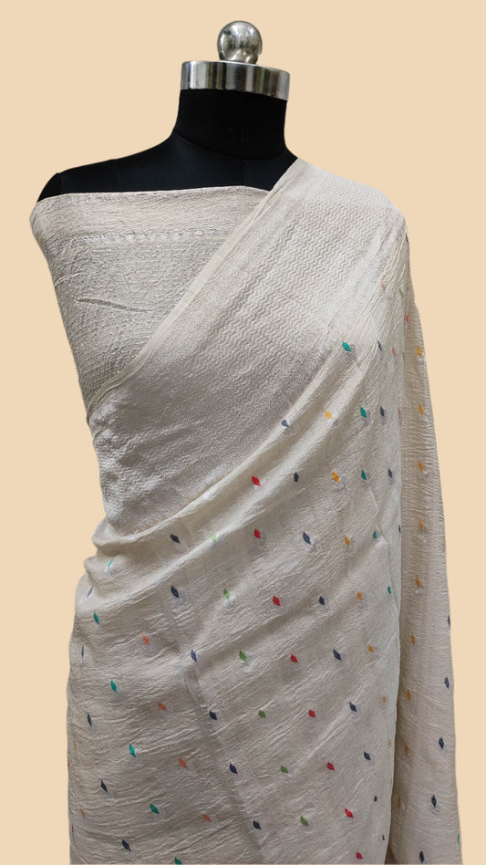 White Pure Tussar Georgette Handloom Banarasi Saree with Paithani Skirt Border