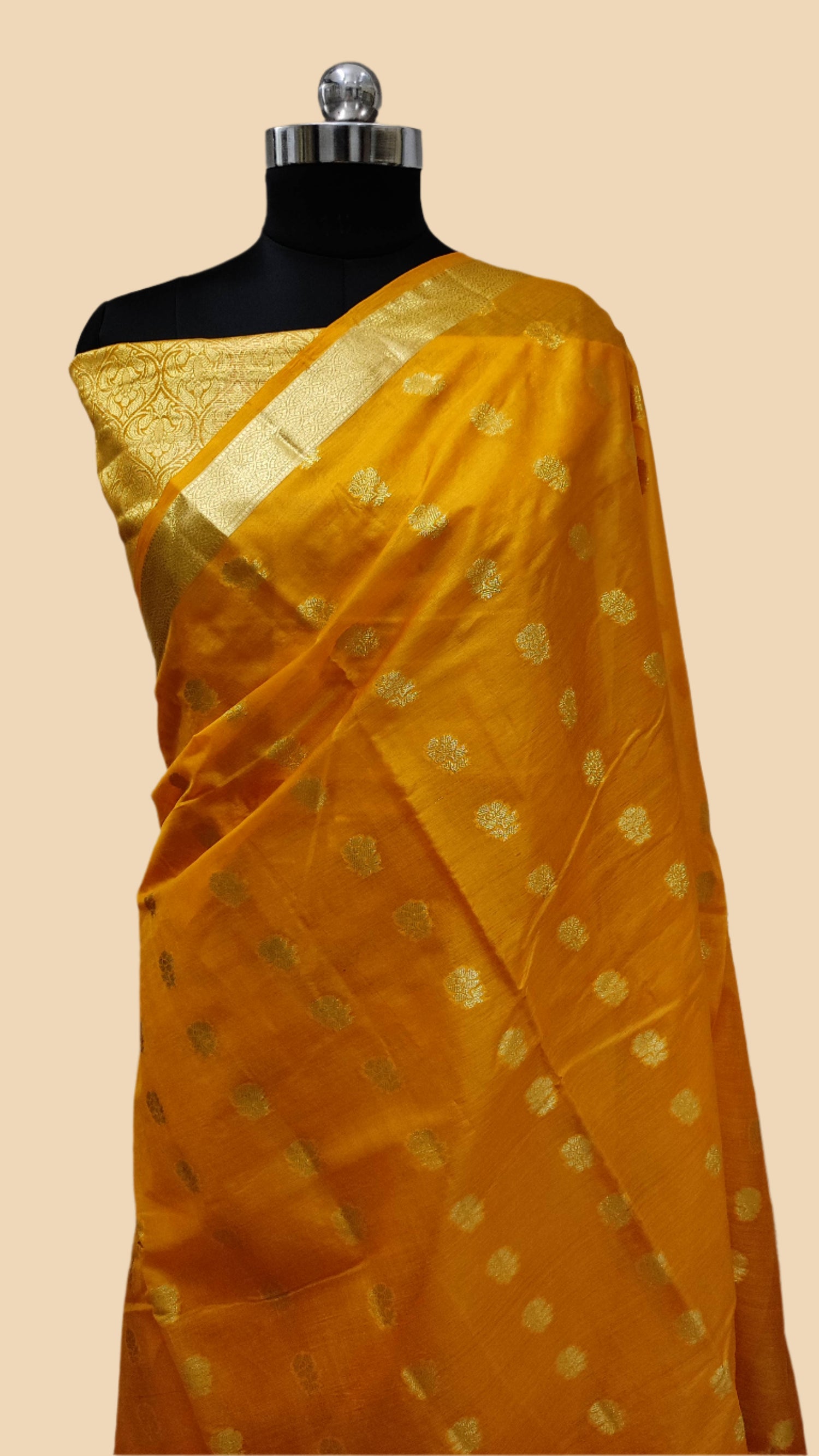 Pure Tussar Handloom Banarasi Saree All Over Buta Work With Alfi Border