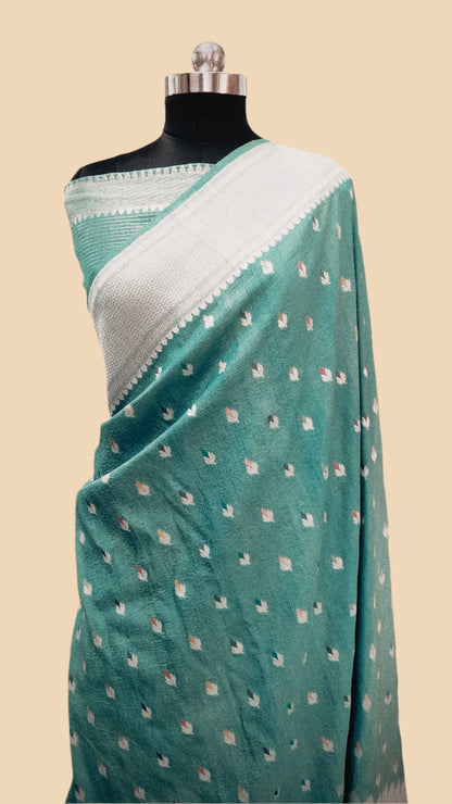 Aqua Blue Pure Tussar Georgette Handloom Banarasi Saree with Paithani Skirt Border - The Weaver Banaras