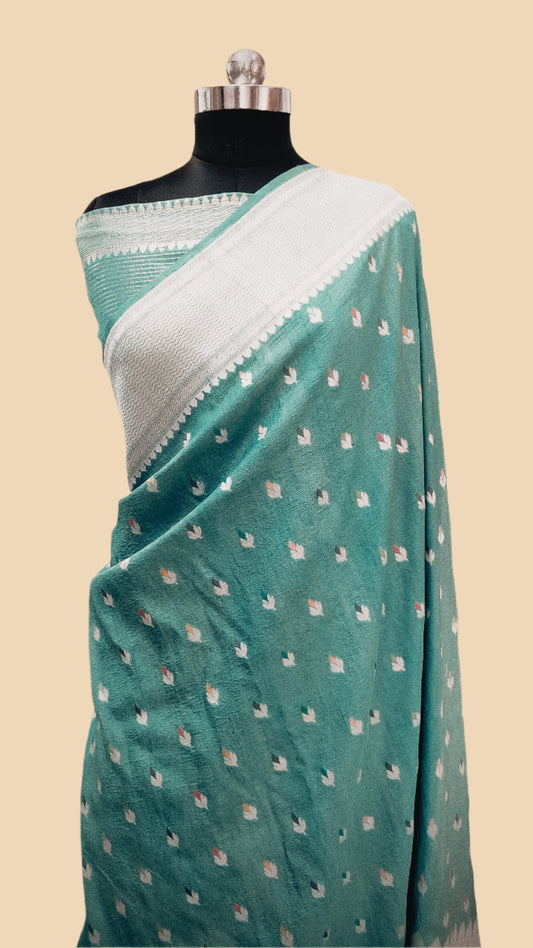 Aqua Blue Pure Tussar Georgette Handloom Banarasi Saree with Paithani Skirt Border - The Weaver Banaras