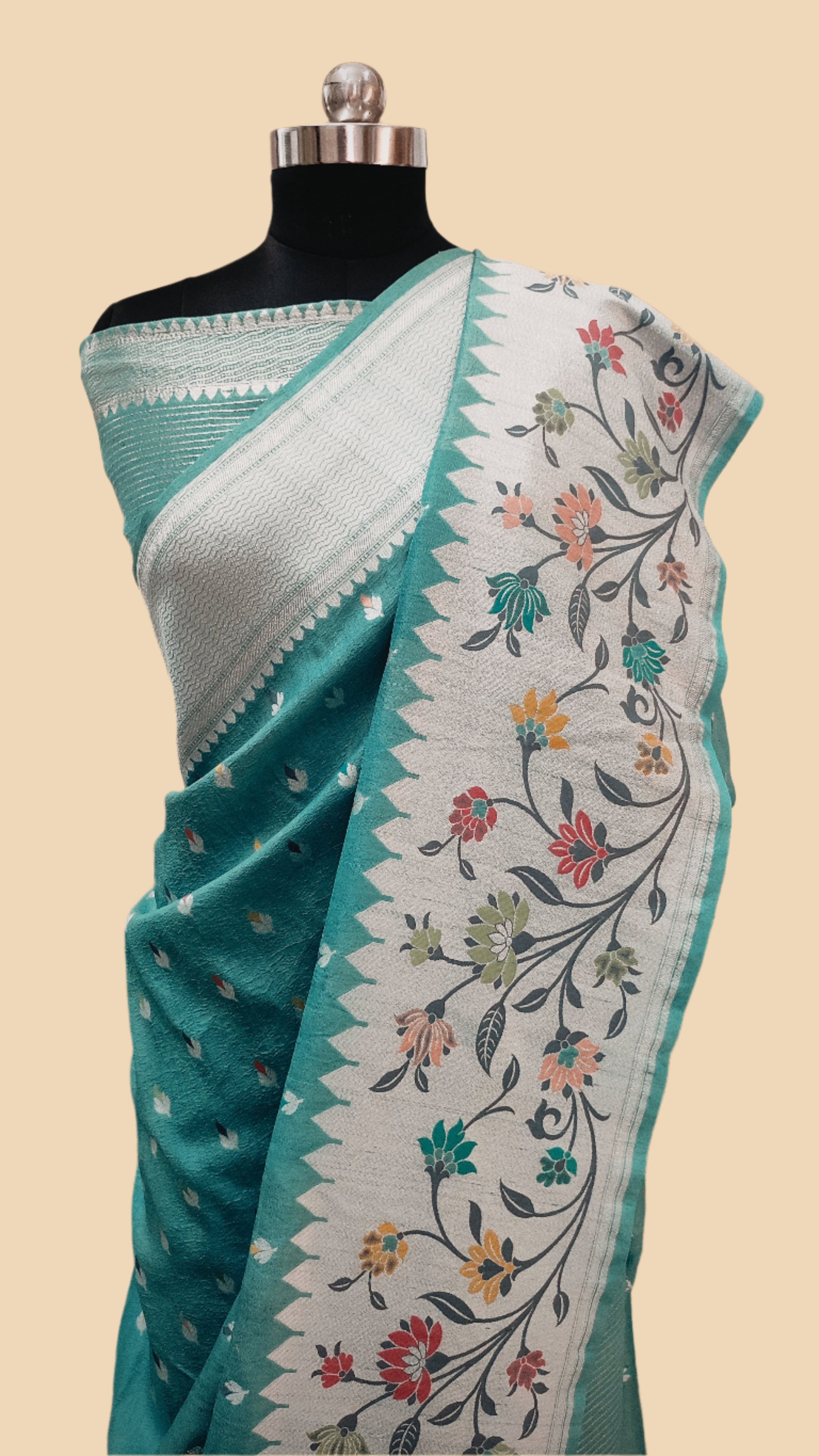 Aqua Blue Pure Tussar Georgette Handloom Banarasi Saree with Paithani Skirt Border - The Weaver Banaras