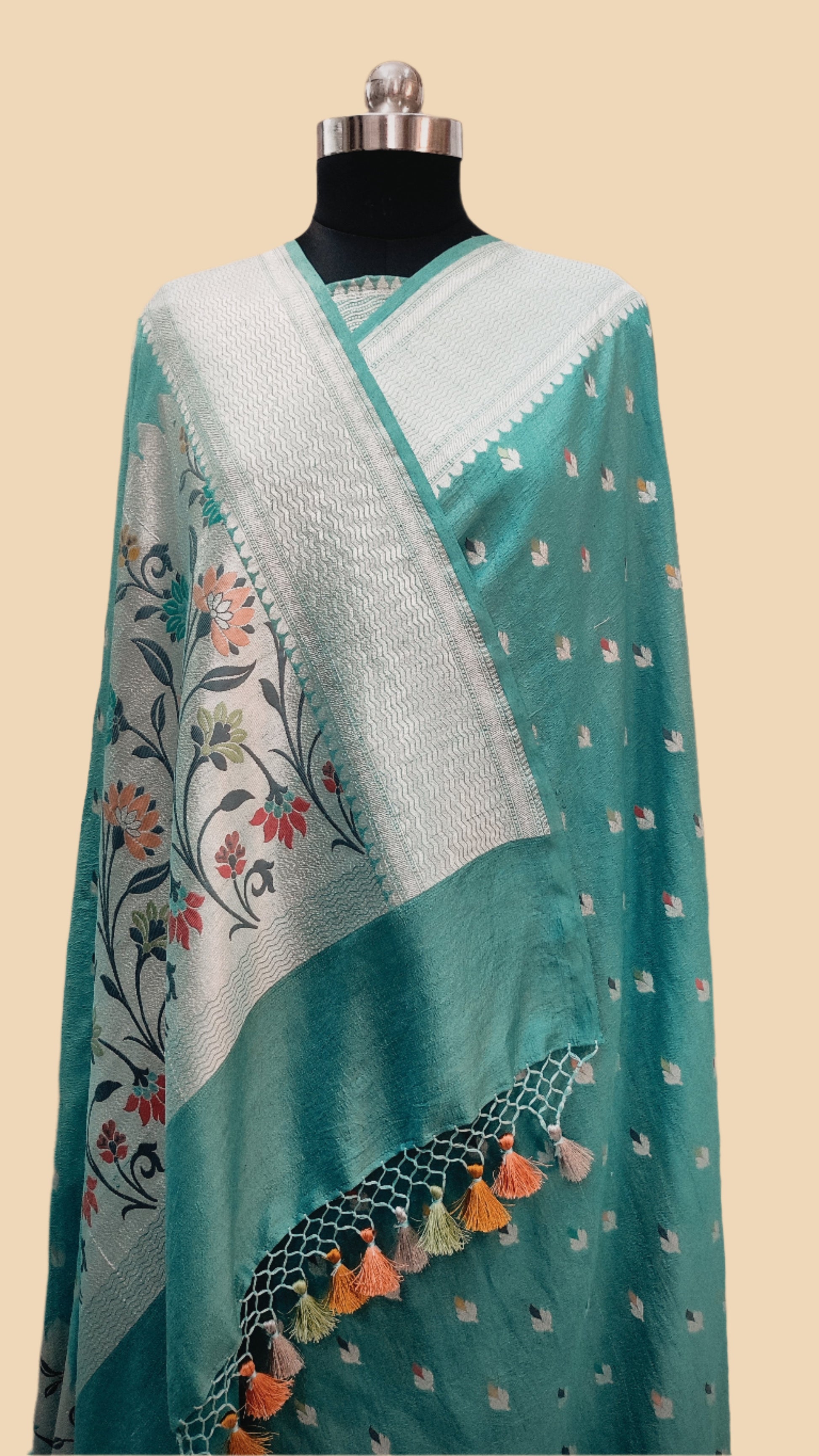 Aqua Blue Pure Tussar Georgette Handloom Banarasi Saree with Paithani Skirt Border - The Weaver Banaras