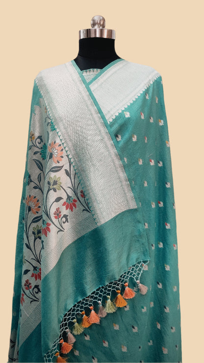 Aqua Blue Pure Tussar Georgette Handloom Banarasi Saree with Paithani Skirt Border - The Weaver Banaras