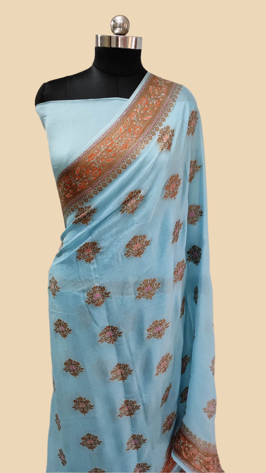 Khaddi Chiffon Handloom Banarasi Saree Antique Zari