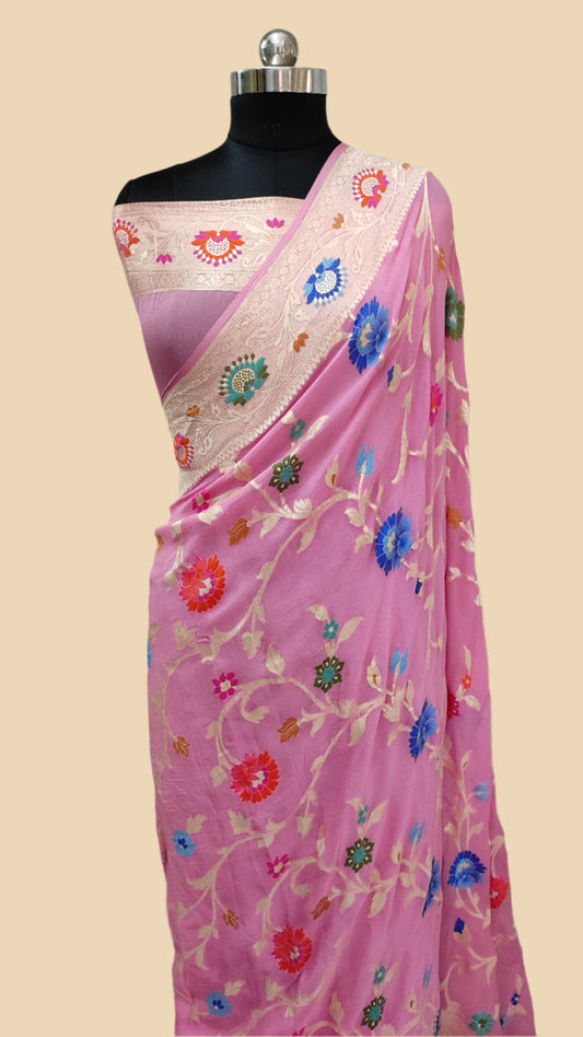 Khaddi Georgette Handloom Banarasi Saree - Jaal with Meenakari