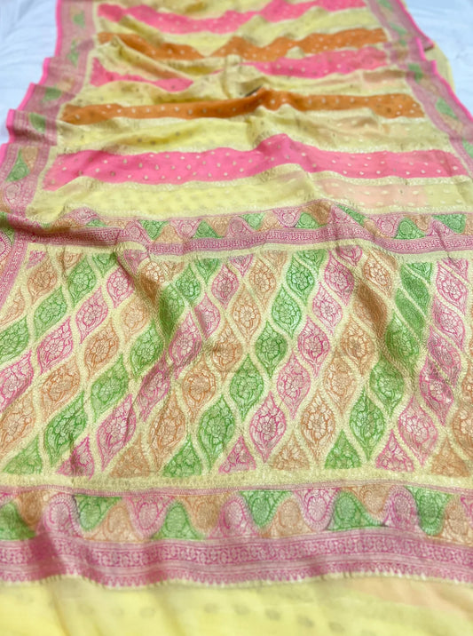 Multi Color Khaddi Georgette Handloom Banarasi Saree Antique Zari