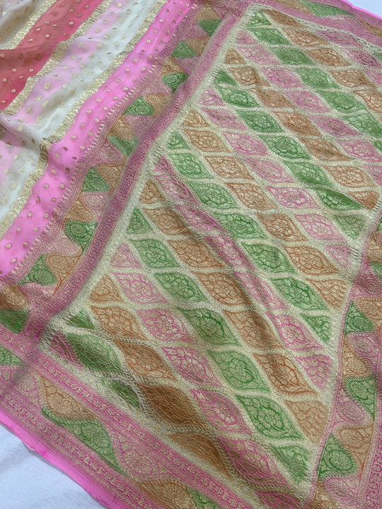 Multi Color Khaddi Georgette Handloom Banarasi Saree Antique Zari