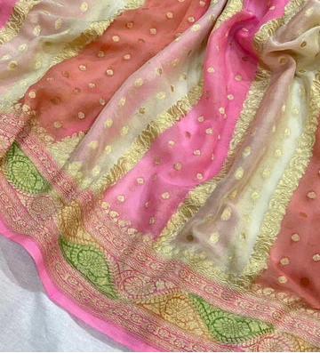Multi Color Khaddi Georgette Handloom Banarasi Saree Antique Zari