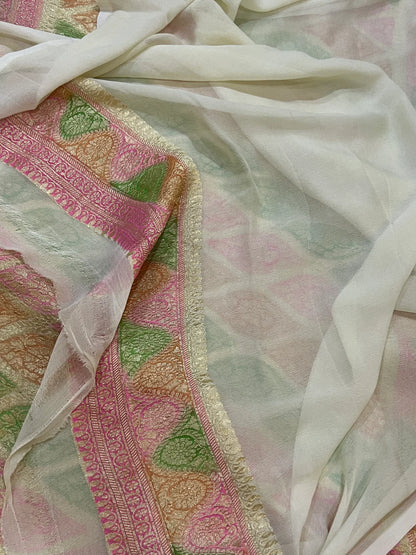 Multi Color Khaddi Georgette Handloom Banarasi Saree Antique Zari