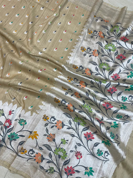 Tussar Georgette Handloom Banarasi Saree with Paithani Skirt Border - The Weaver Banaras