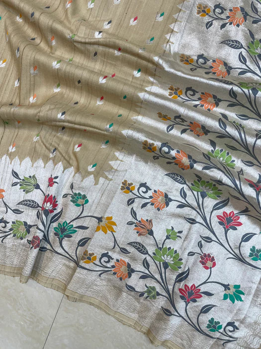 Tussar Georgette Handloom Banarasi Saree with Paithani Skirt Border - The Weaver Banaras