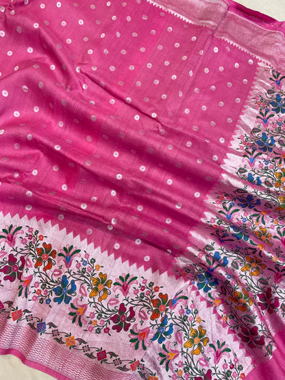 Hot Pink Pure Tussar Georgette Handloom Banarasi Saree with Paithani Skirt Meena Border - The Weaver Banaras