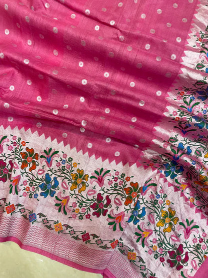 Hot Pink Pure Tussar Georgette Handloom Banarasi Saree with Paithani Skirt Meena Border - The Weaver Banaras
