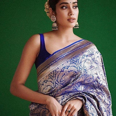 Janhvi Kapoor Inspired Pure Katan Silk Royal Blue Saree - The Weaver Banaras