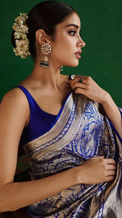 Janhvi Kapoor Inspired Pure Katan Silk Royal Blue Saree - The Weaver Banaras