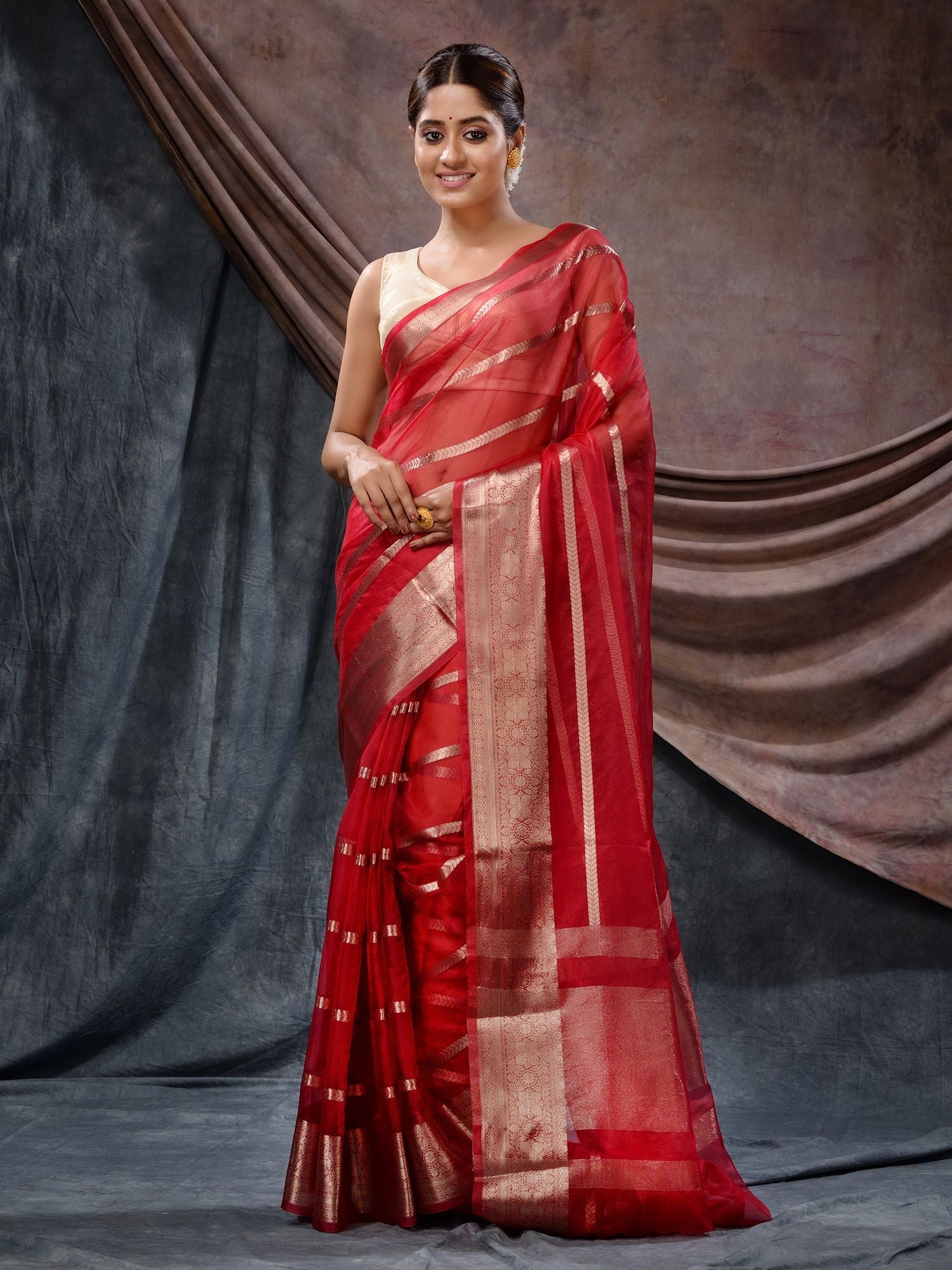 The Weaver's Organza Stripe Banarasi Saree Red - THE WEAVER