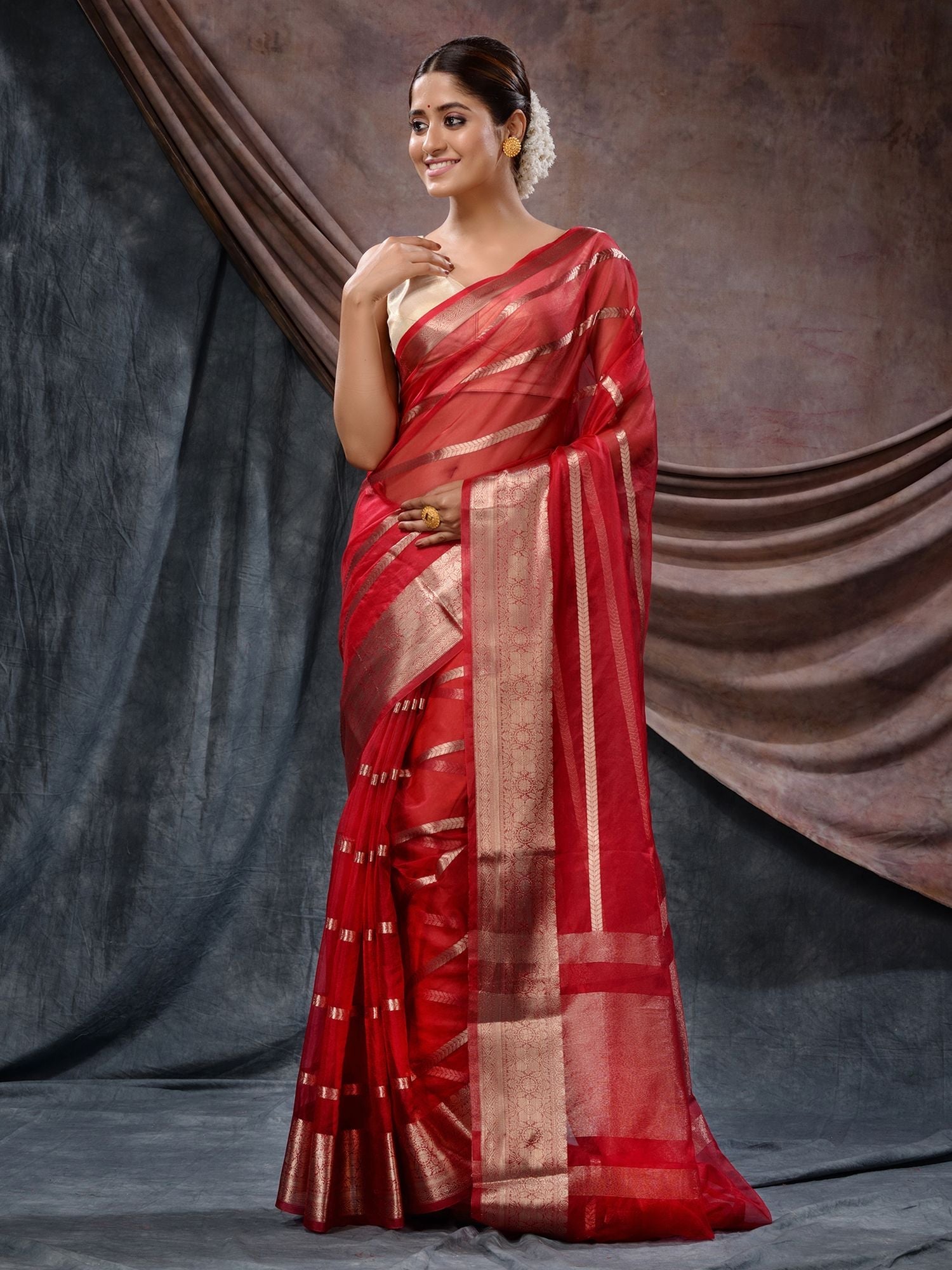 The Weaver's Organza Stripe Banarasi Saree Red - THE WEAVER