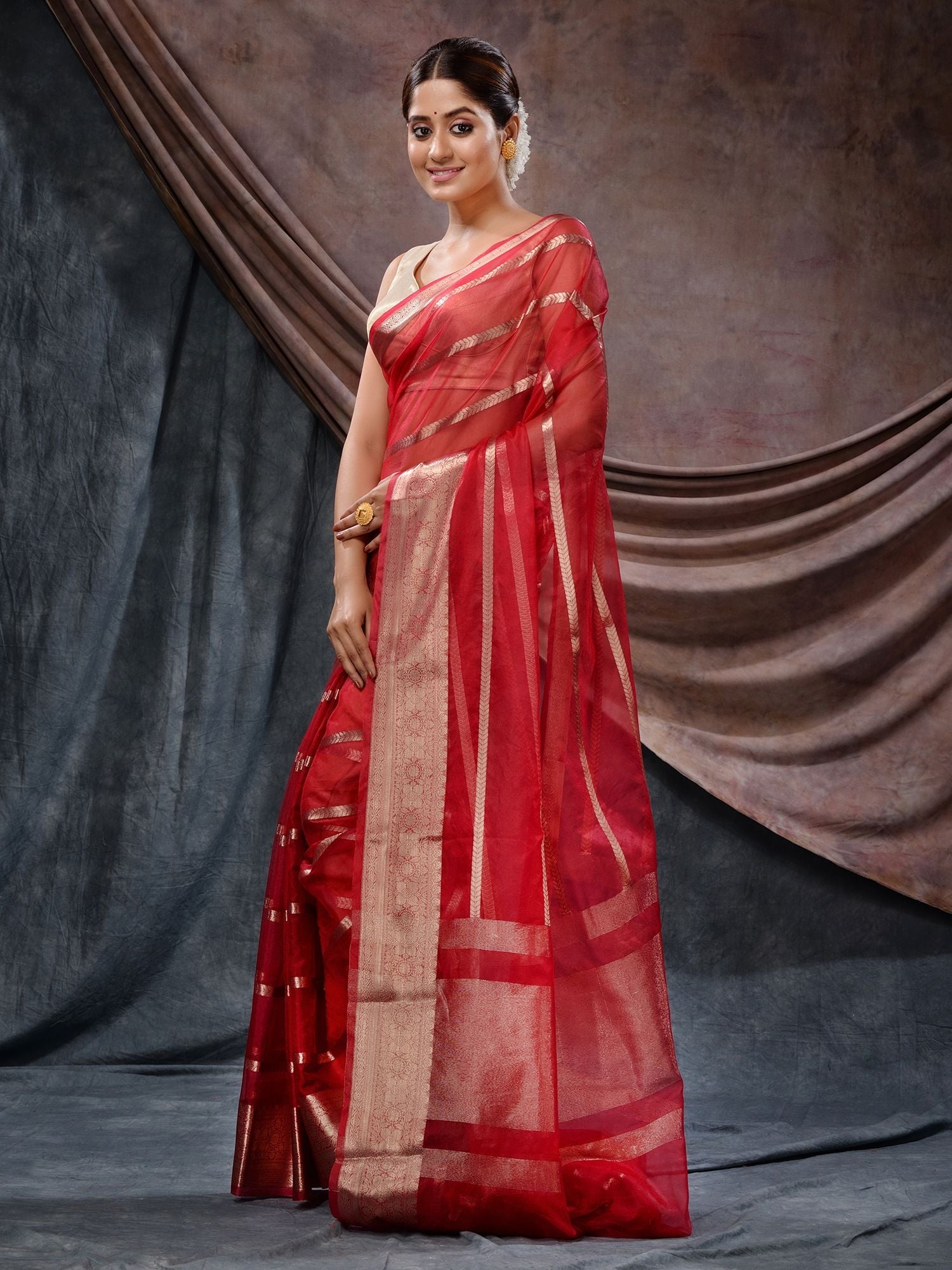 The Weaver's Organza Stripe Banarasi Saree Red - THE WEAVER