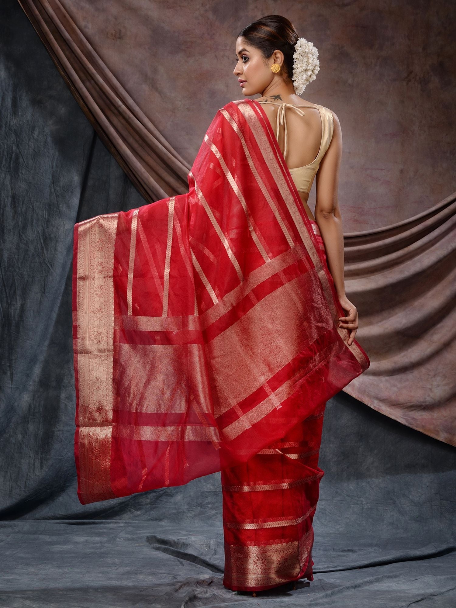 The Weaver's Organza Stripe Banarasi Saree Red - THE WEAVER