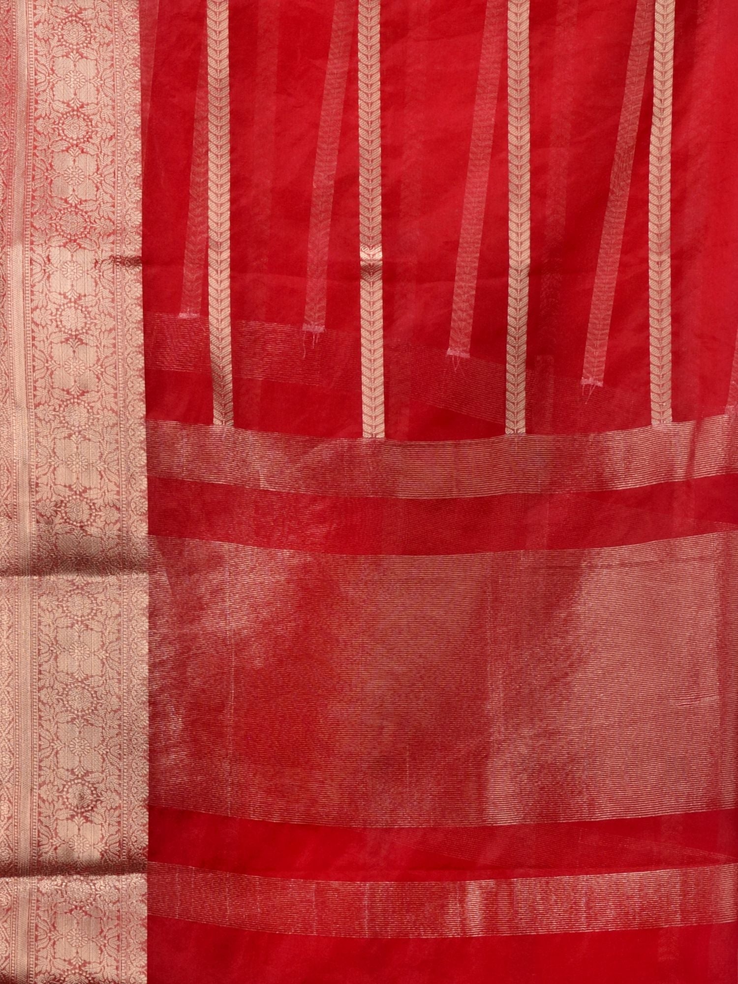 The Weaver's Organza Stripe Banarasi Saree Red - THE WEAVER