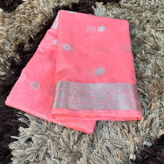 Georgette Khaddi Banarasi Saree-Powder Peach - The Weaver Banaras