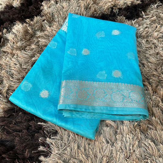 Georgette Khaddi Banarasi Saree-Sky Blue - The Weaver Banaras