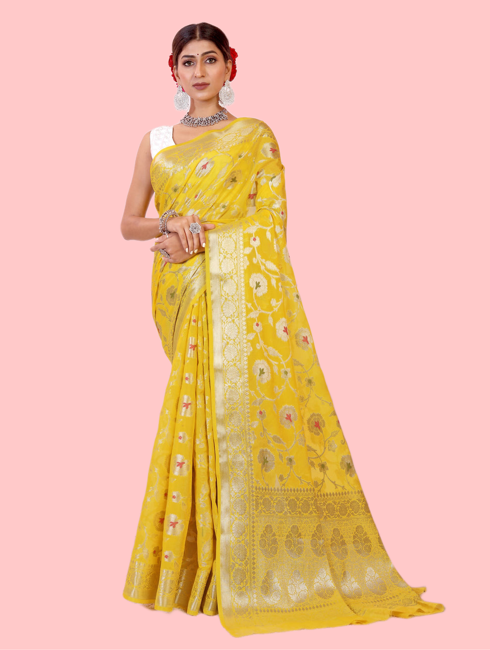 Georgette Banarasi Saree All Over Jaal With Meenakari Bright Yellow - THE WEAVER