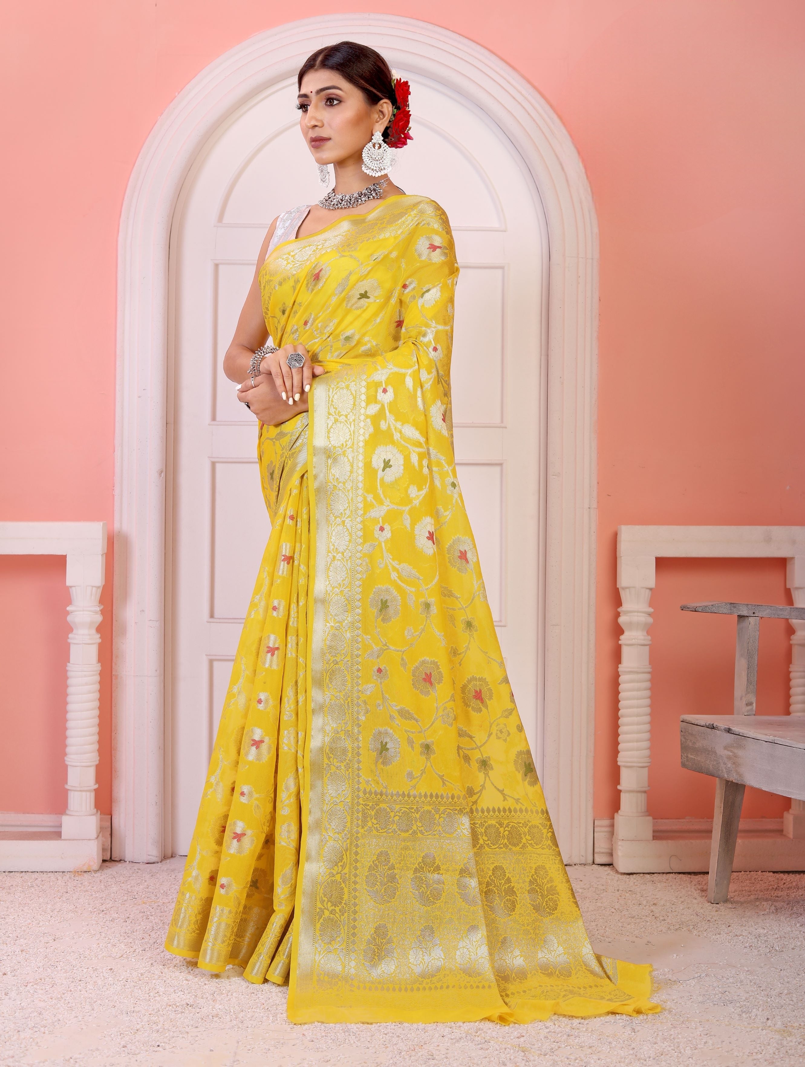 Georgette Banarasi Saree All Over Jaal With Meenakari Bright Yellow - THE WEAVER