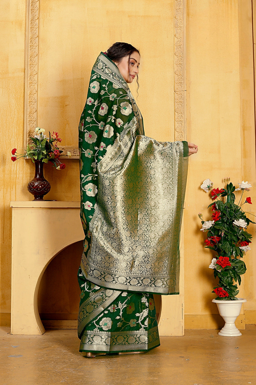 Georgette Banarasi Saree All Over Jaal With Meenakari Forest Green - THE WEAVER