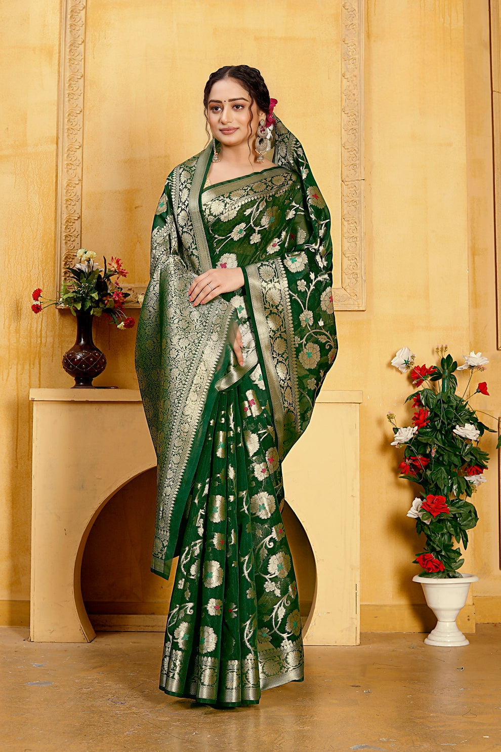 Georgette Banarasi Saree All Over Jaal With Meenakari Forest Green - THE WEAVER