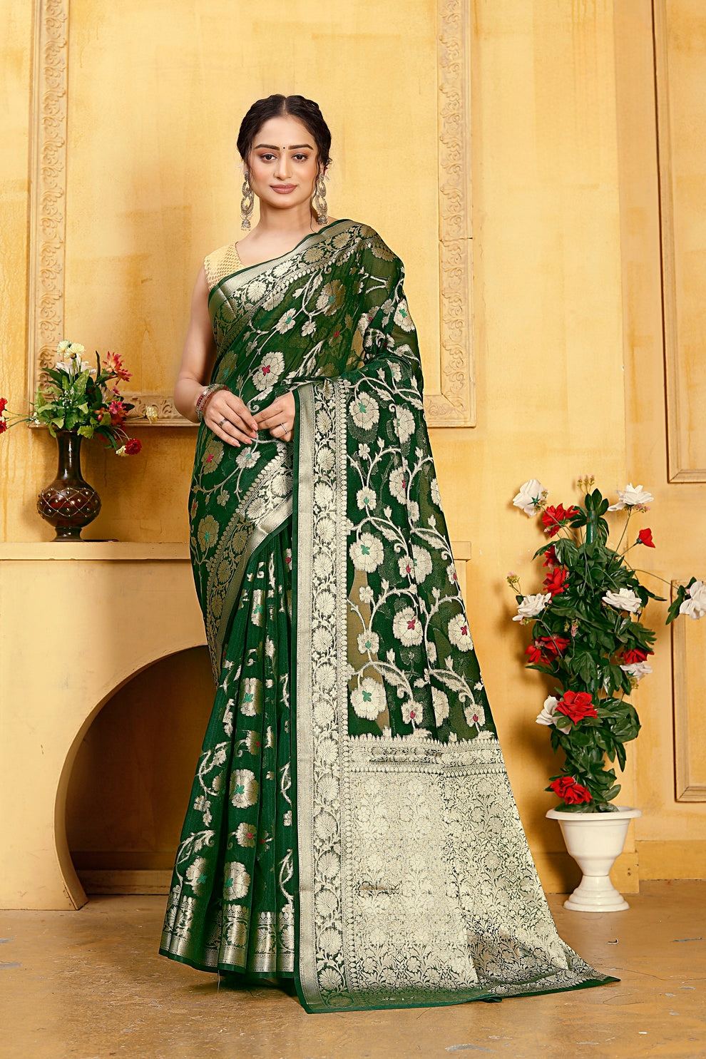 Georgette Banarasi Saree All Over Jaal With Meenakari Forest Green - THE WEAVER