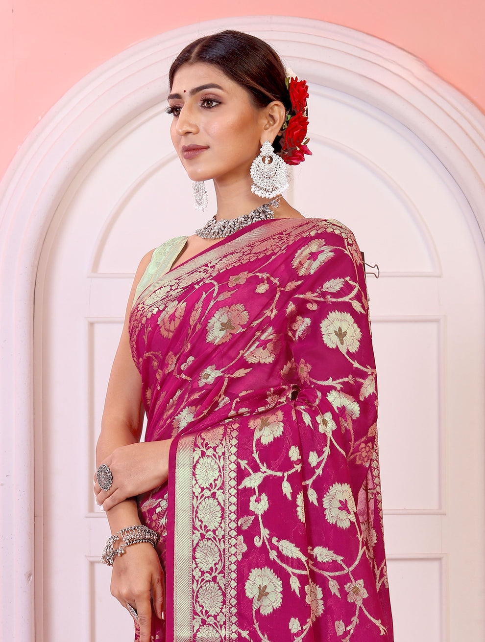 Georgette Banarasi Saree All Over Jaal With Meenakari Deep Pink - THE WEAVER