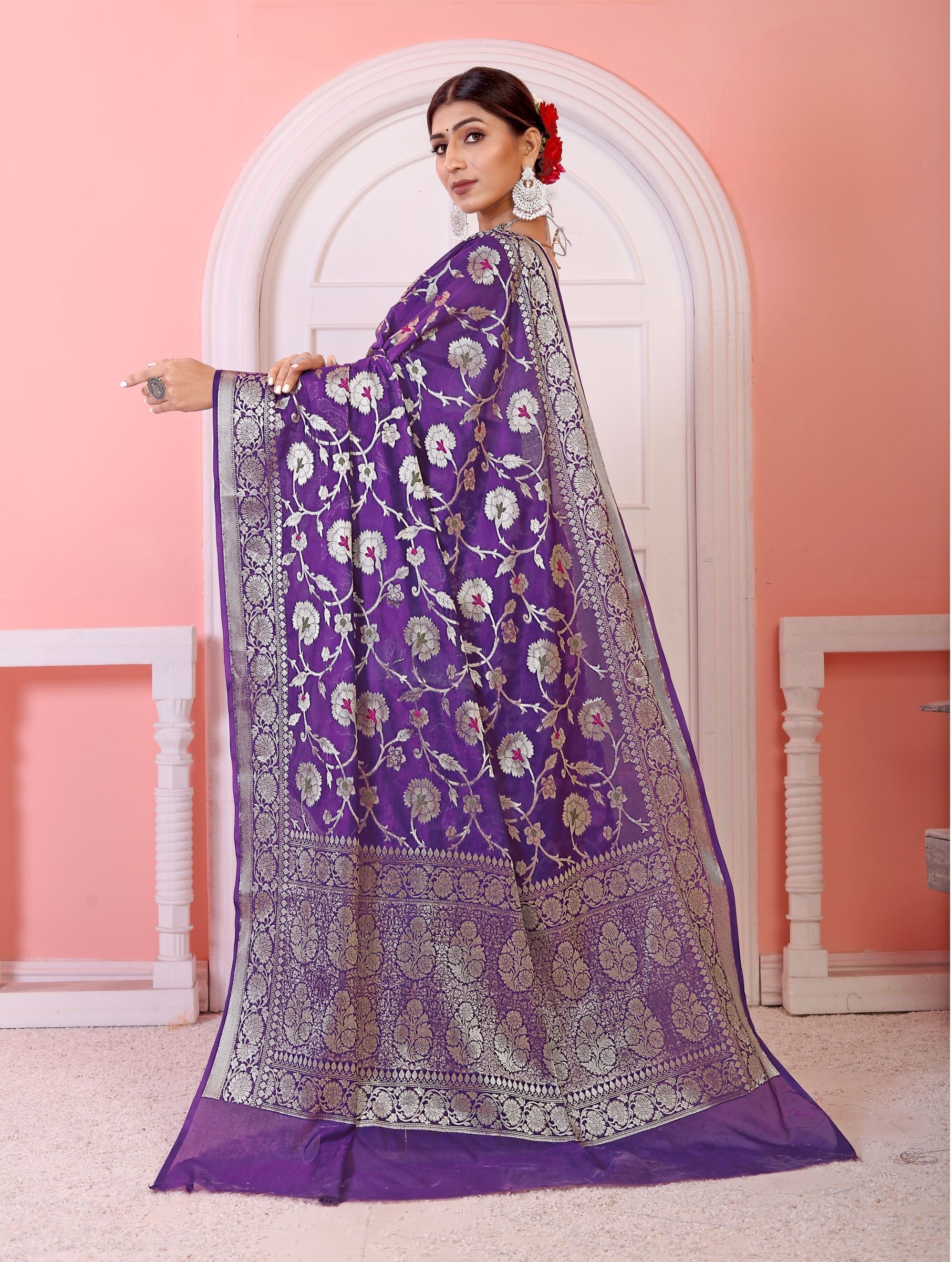 Georgette Banarasi Saree All Over Jaal With Meenakari Violet - THE WEAVER