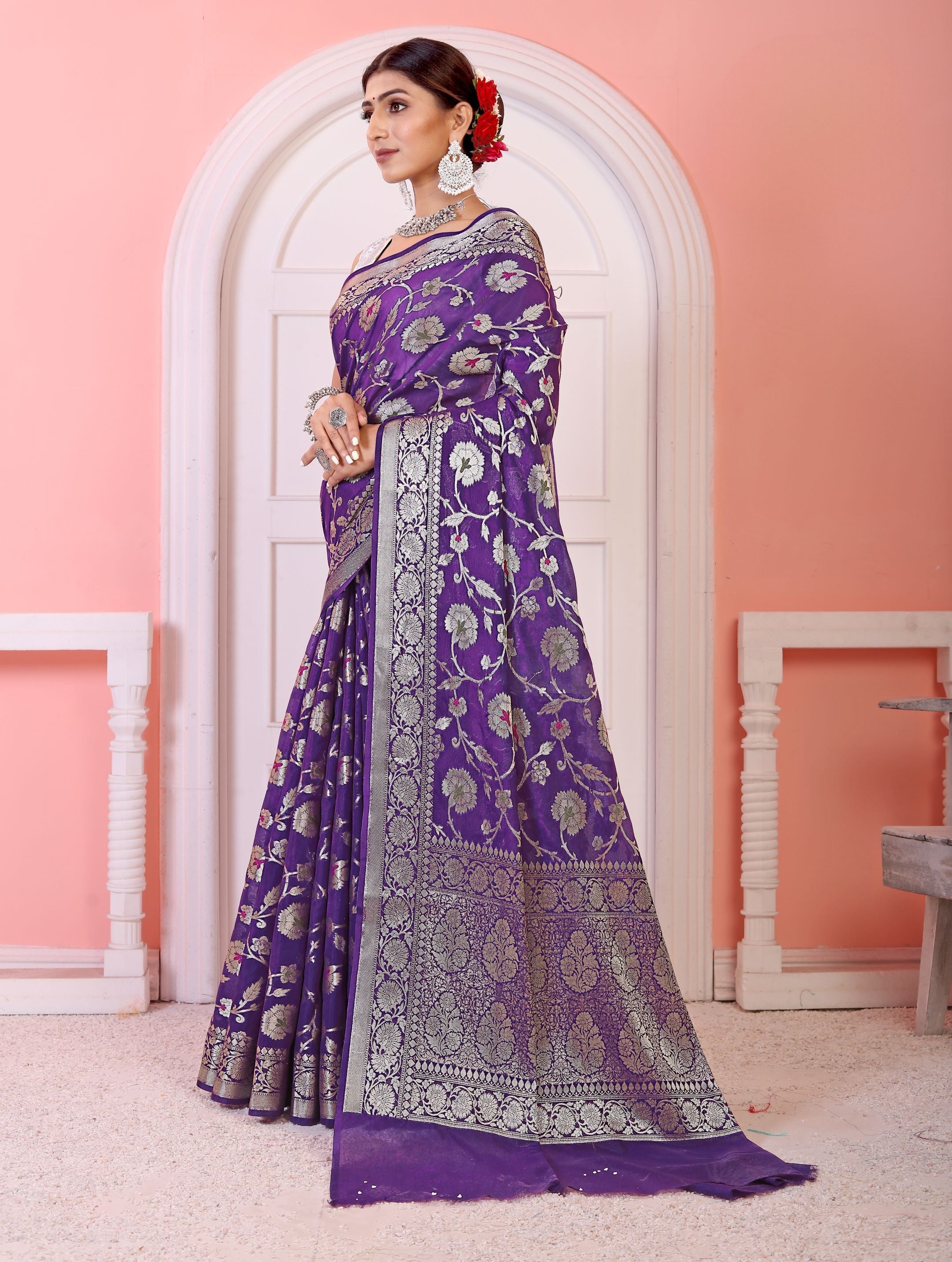 Georgette Banarasi Saree All Over Jaal With Meenakari Violet - THE WEAVER