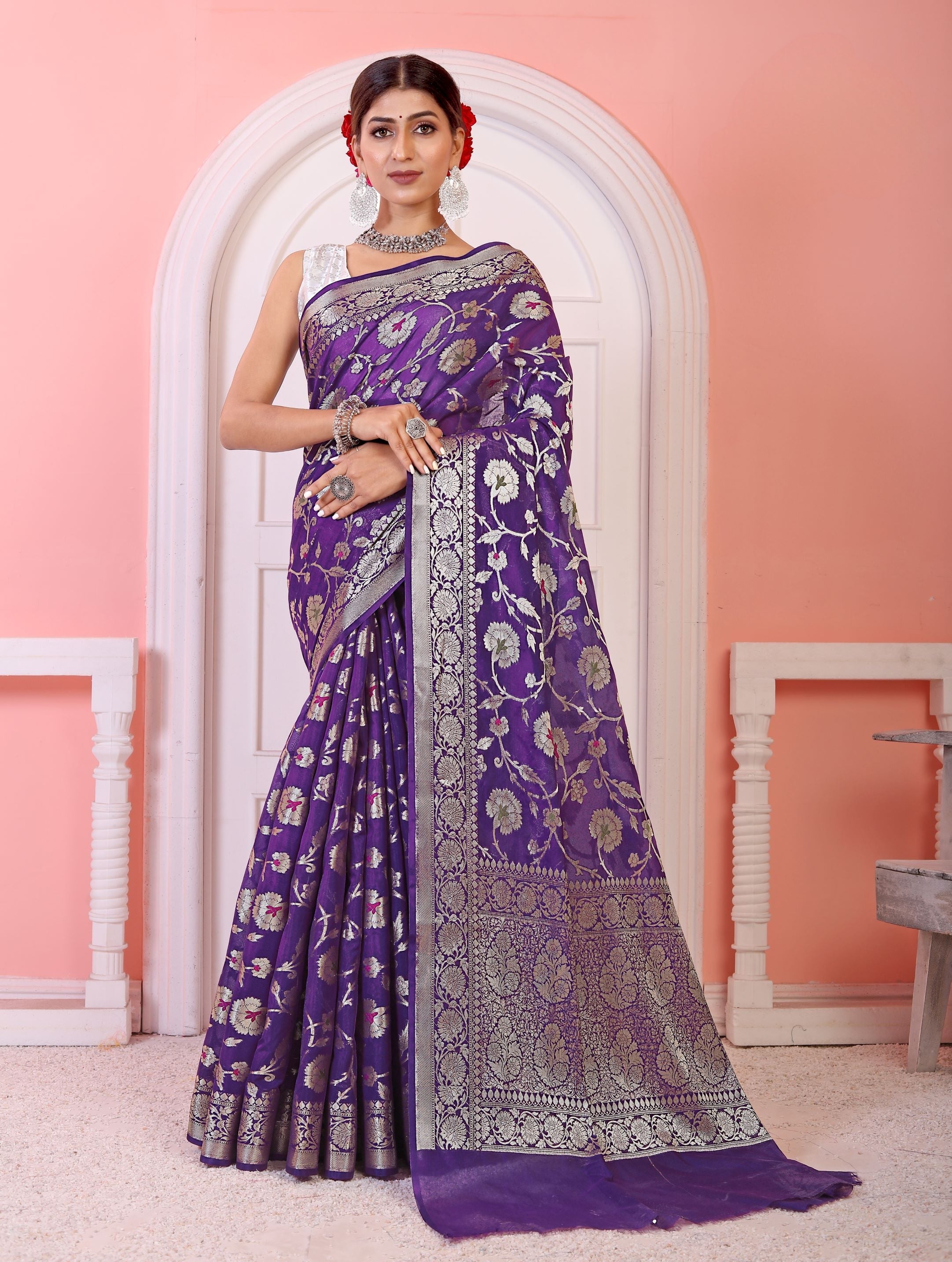 Georgette Banarasi Saree All Over Jaal With Meenakari Violet - THE WEAVER