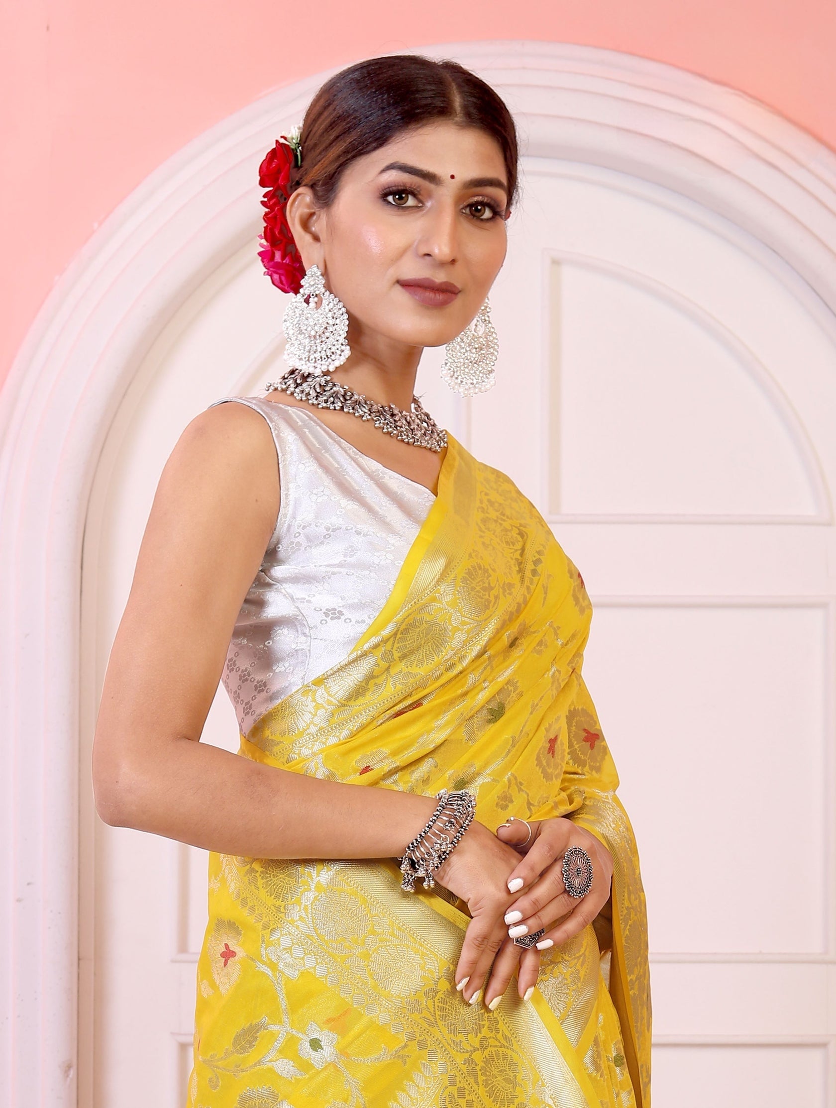 Georgette Banarasi Saree All Over Jaal With Meenakari Bright Yellow - THE WEAVER