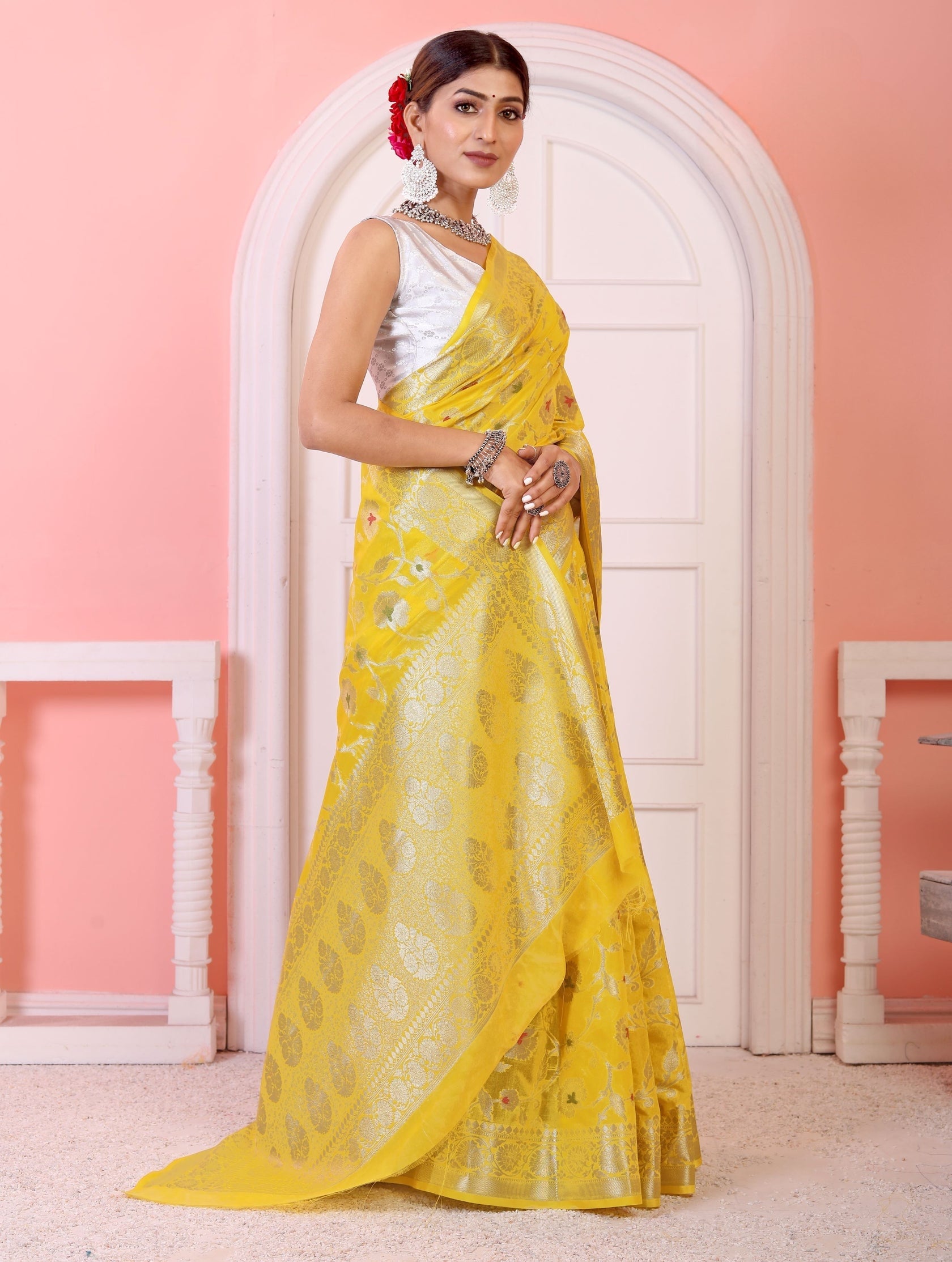 Georgette Banarasi Saree All Over Jaal With Meenakari Bright Yellow - THE WEAVER